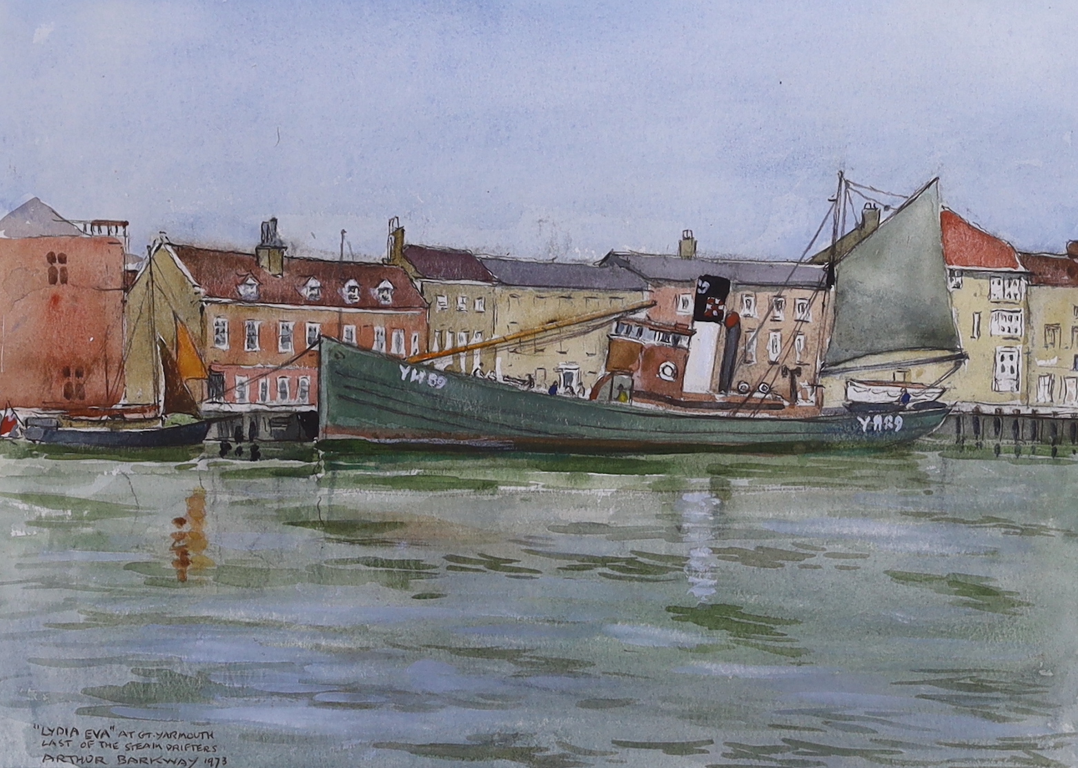 Arthur Barkway (1893-1979) watercolour, 'Lydia Eva YH89', the last of the steam drifters, inscribed, signed and dated 1973, 34 x 24cm